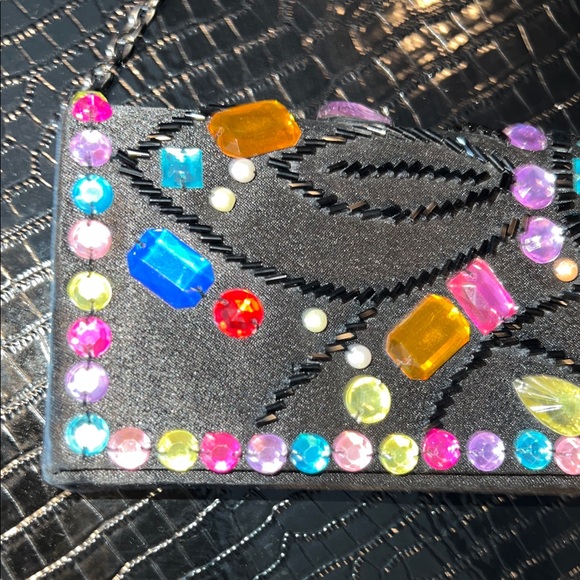 💎 Multi-Color Gemstone & Artisan Beaded Black Satin Evening Clutch 💎 - Picture 2 of 13